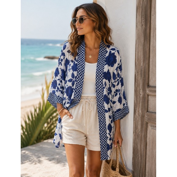 CAbi Sweaters - Cabi Floral Blue & White Lightweight Shrug – M/L, Open‎ Front Layer